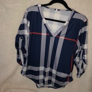 Plaid v-neck top with 3/4 button sleeve